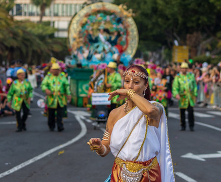 SANTA CRUZ DE TENERIFE, SPAIN - FEBRUARY 13, 2024: The Coso parade, Cavalcada - along the Avenida de Anaga, official end of Carnival. Amazing warm evening, joyful people in carnival costumes have fun.のeditorial素材