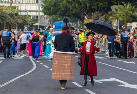 SANTA CRUZ DE TENERIFE, SPAIN - FEBRUARY 13, 2024: The Coso parade, Cavalcada - along the Avenida de Anaga, official end of Carnival. Amazing warm evening, joyful people in carnival costumes have fun.のeditorial素材