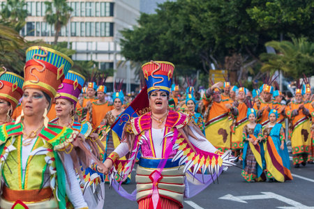 SANTA CRUZ DE TENERIFE, SPAIN - FEBRUARY 13, 2024: The Coso parade, Cavalcada - along the Avenida de Anaga, official end of Carnival. Amazing warm evening, joyful people in carnival costumes have fun.のeditorial素材