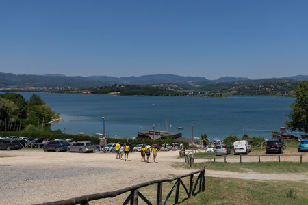 Lago di Bilancino, Barberino del Mugello, Florence, Italy: landscape at dawn of the picturesque lake in the Tuscan hills.のeditorial素材