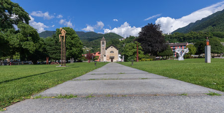 Bellinzona Switzerland - May 29, 2022: Catholic church with bell tower and Christian cross. Giubiascoのeditorial素材