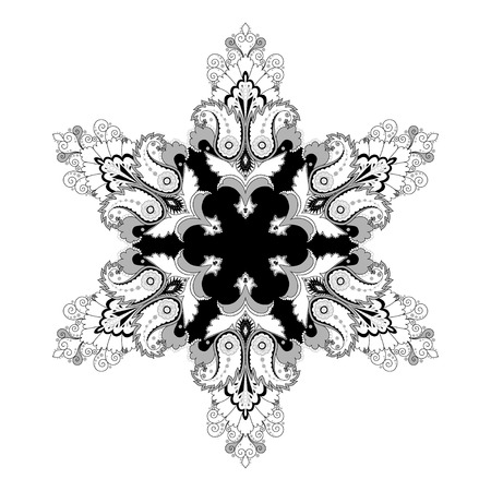 Hexagon lace pattern with  paisley floral elements. Illustration in black, white and gray colors.のイラスト素材