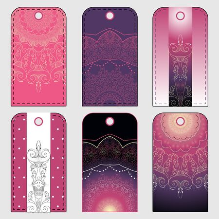 Set of six tags with abstract pattern. Dark pink and purple colorsのイラスト素材