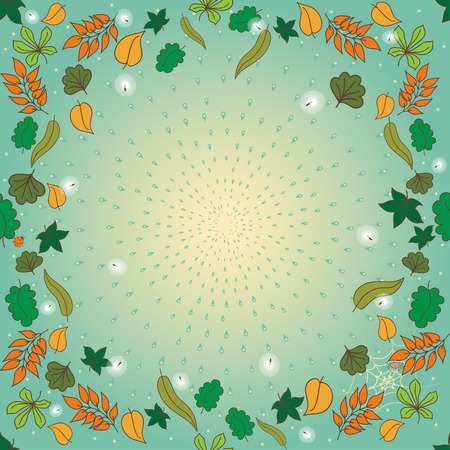 Seamless background in autumn theme. Cartoon bugs, rain and falling leaves. Soft yellow, orange  and green colorsのイラスト素材