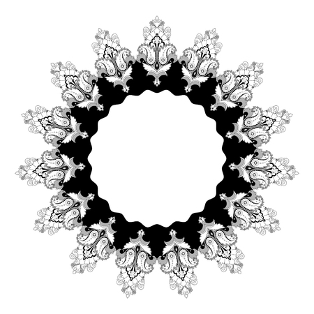 Round lace pattern with paisley floral elements. Illustration in black, white and gray colors.のイラスト素材