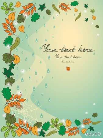 Postcard for autumn theme. Cartoon bugs, rain and falling leaves. Soft yellow and green colors. Transparency and gradient.のイラスト素材