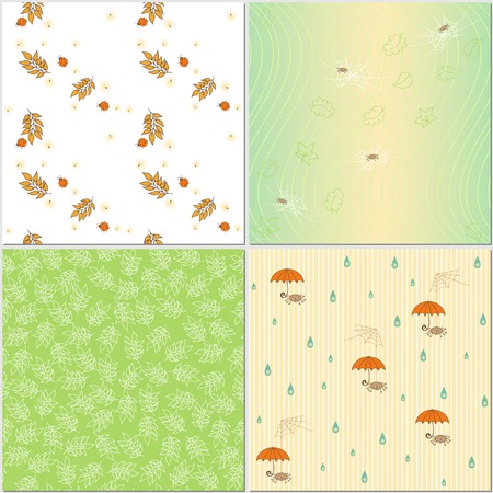 Set of four seamless backgrounds. Autumn theme. Cartoon bugs, rain and falling leaves. Soft yellow, orange and green colorsのイラスト素材