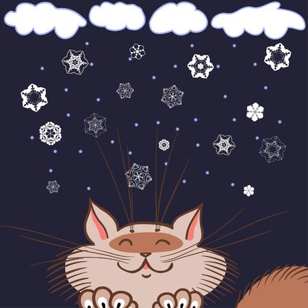 Illustration on the theme of winter. Siamese cat is under the falling snow.のイラスト素材