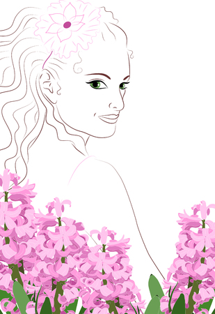 Vector illustration. Girl with decoration in her hair. Pink hyacinths in the foreground.のイラスト素材