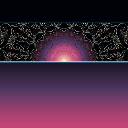 Vector card with gradient background. Beautiful lace pattern is a broad ribbon. Dark colors. Space for your inscription.のイラスト素材