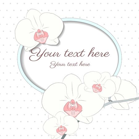 Flower card with orchids and a polka dot background. Perfect for greetings or invitations. Easy to change colors. Frame for your text.のイラスト素材