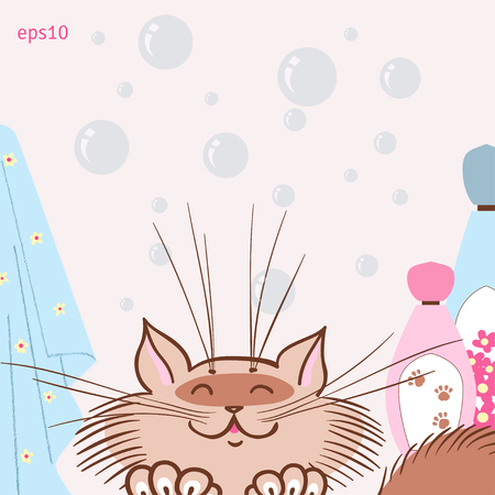 Cat likes to wash. Vector illustration. Bubbles, shampoo and towels.のイラスト素材