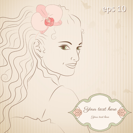 Vector vintage postcard. Girl with an orchid in her hair. Frame for your text.のイラスト素材