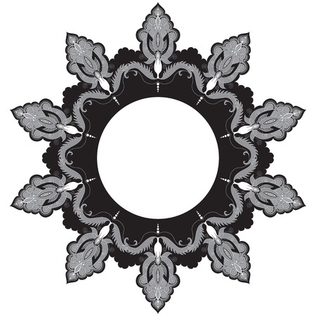 Round lace pattern with damask floral elements. Illustration in black, white and gray colors.のイラスト素材