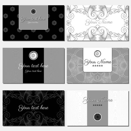Set of six horizontal business cards. Abstract pattern. Black, gray and white. Complied with the standard sizes.のイラスト素材