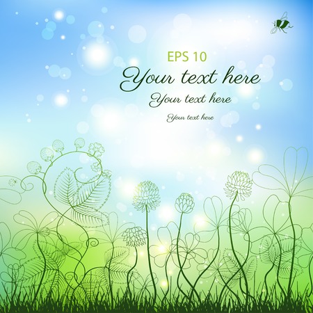 Abstract background. Clover and strawberry plants. Bumble bee and ladybug. Place for your text.のイラスト素材