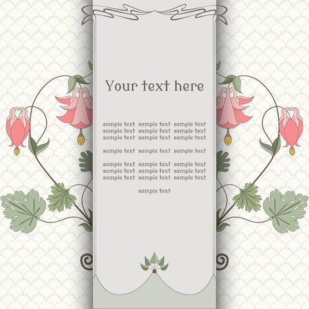 Vector card. Vintage pattern in modern style. Simple background. Aquilegia plants contain  flowers, buds and leaves.  Place for your text. Perfect for invitations, announcement or greetings.のイラスト素材