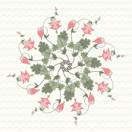 Round vector pattern on a simple background. Vintage pattern in modern style. Aquilegia plants contain  flowers, buds and leaves. Pink and green.のイラスト素材
