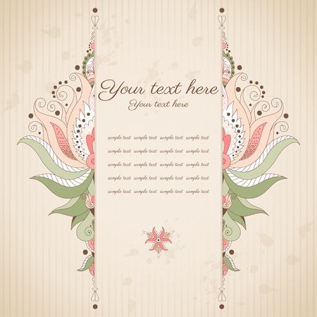 Vector card. Damask pattern on vintage background. Old paper, strips and stains. Place for your text. Perfect for greetings, invitations or announcements.のイラスト素材