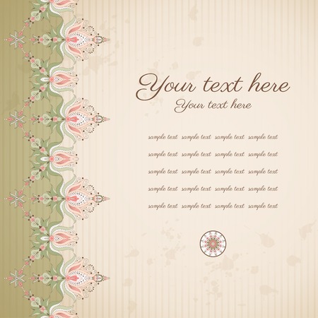 Vector card.   Beautiful floral border on vintage background. Old paper, strips and stains. Place for your text. Perfect for greetings, invitations or announcements.のイラスト素材