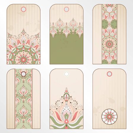 Set of six tags with oriental pattern. Old paper, strips and stains. Place for your text.のイラスト素材