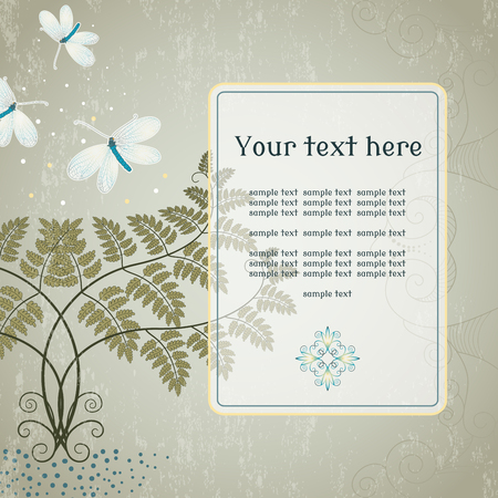 Vector card. Fern and lacewing on vintage plaster background. Place for your text. Perfect for invitations, announcement or greetings.のイラスト素材