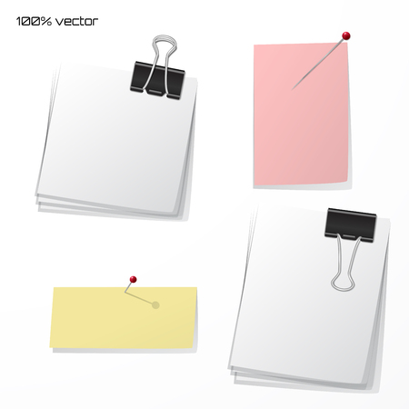 Vector stick note isolated on white background. Pins and binder clips.のイラスト素材
