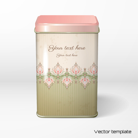Square tin packaging. Tea, coffee, dry products. Vintage floral pattern. Place  for your text. Realistic shadow.のイラスト素材