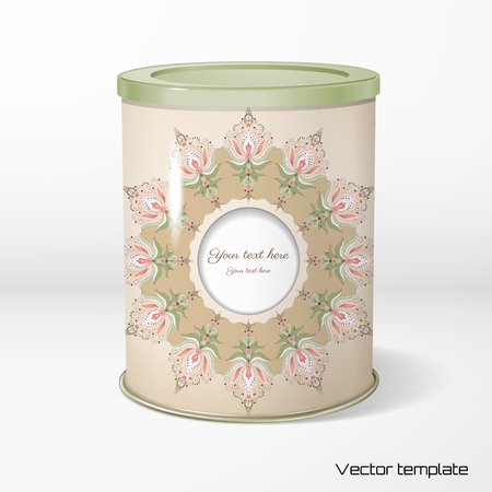 Round tin packaging. Tea, coffee, dry products. Vintage floral pattern. Place for your text. Realistic shadow.のイラスト素材