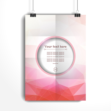 Vector poster. The paper hangs on the clamps. Abstract vector background. Multicolored polygons. Round frame for your text. Realistic shadow.のイラスト素材