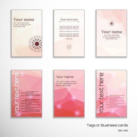 Set of six vertical business cards or tags. Abstract multicolored polygonal vector background. Complied with the standard sizes.のイラスト素材