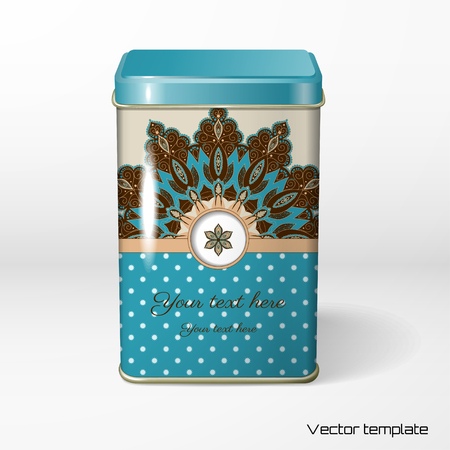 Vector object. Square tin packaging. Tea, coffee, dry products. Vintage floral pattern. Place frame for your text.のイラスト素材