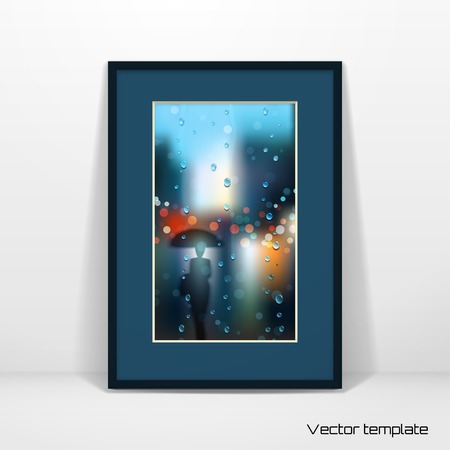 Vector template. Picture frame design with passepartout. Autumn, rain, wet glass, street.  A man with an umbrella. Realistic shadow.のイラスト素材