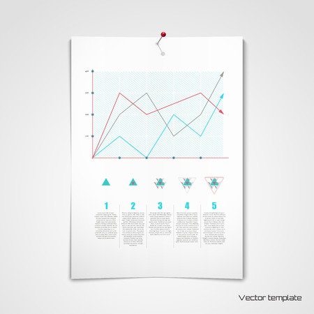 Vector template. White sheet of paper pinned to the wall. Elements of information graphics. Multicolored geometric markers.のイラスト素材