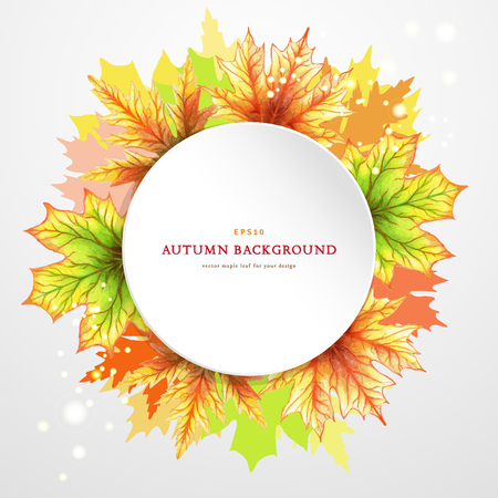Vector round frame. White paper, sparks and autumn maple leaves. Hand-drawing watercolor colored pencils. Place for your text.のイラスト素材