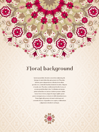 Vector card. Beautiful round floral pattern in vintage style. Seamless simple delicate ornament. Place for your text. Perfect for greetings, invitations or announcementsのイラスト素材