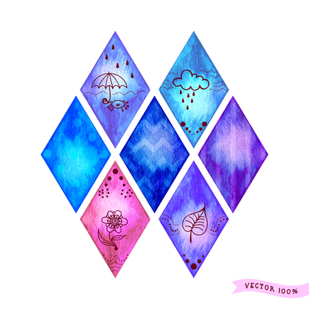 Set of nine vector rhombuses with different patterns and designs. Watercolor background. Hand drawing.のイラスト素材