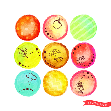 Set of nine vector circles with different patterns and designs. Watercolor background. Hand drawing.のイラスト素材