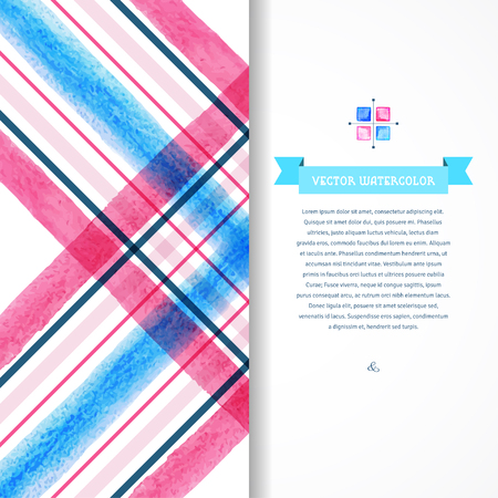 Vector card. Checkered pattern with watercolor stripes. Hand drawing. Place for your text. Icon with colorful watercolor squares. Geometric tape for title.のイラスト素材