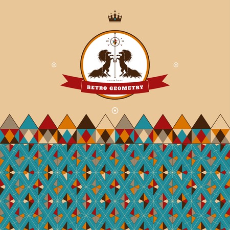 Abstract seamless vector background and border. Multicolored figures and grid. Beautiful round label with two horses and ribbon for your text.のイラスト素材