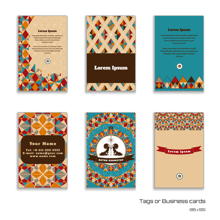 Set of six vertical business cards.  Multicolored figures and grid. Beautiful round label with two horses and ribbon. Place for your text. Complied with the standard sizes.のイラスト素材