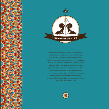 Abstract vector card. Multicolored geometric borders. Beautiful round label with two horses and ribbon. Place for your text. Perfect for greetings, invitations, announcements or cover design.のイラスト素材