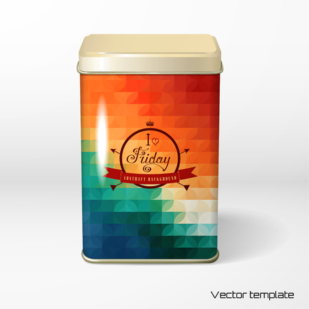 Vector object. Square tin packaging. Tea, coffee, dry products. Multicolored geometric ornament. Beautiful inscription in retro style -  I love Friday. Realistic shadowのイラスト素材
