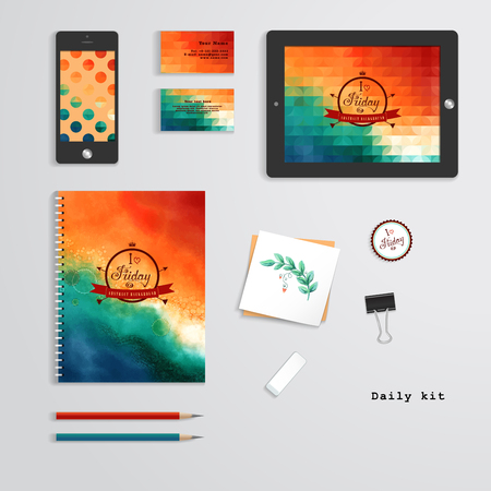 Vector templates. Daily kit. Geometric and watercolor pattern. Tablet computer, phone, business cards, notebook, pencils, eraser, clamp, sticker. Inscription in retro style - I love Fridayのイラスト素材