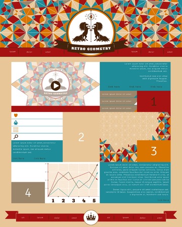Website vector template. Multicolored geometric ornament, elements of infographics and web design. Emblem with two horses and ribbon for your text.のイラスト素材