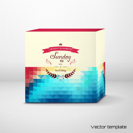 Vector cubic box template. Abstract geometric background in vintage style. Multicolored shapes. Beautiful inscription in retro style - Sunday like a holiday.のイラスト素材
