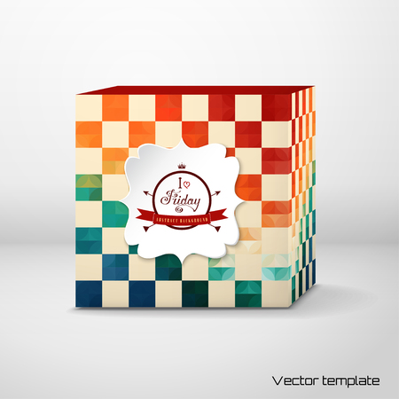 Vector cubic box template. Abstract  figured frame. Geometric background in vintage style. Multicolored squares. Beautiful inscription in retro style - I love Fridayのイラスト素材