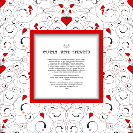 Vector square frame. Abstract pattern with curls and hearts. Wedding or Valentine's Day. Place for your text. Perfect for greetings, invitations or announcements.のイラスト素材