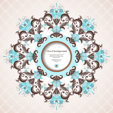 Vector round frame. Beautiful floral pattern in vintage style. Seamless simple delicate ornament and place for your text. Perfect for greetings, invitations or announcementsのイラスト素材
