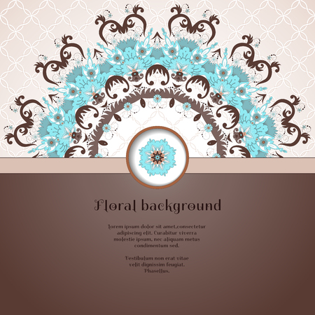 Vector card. Beautiful round floral pattern in vintage style. Seamless simple delicate ornament. Place for your text. Perfect for greetings, invitations or announcementsのイラスト素材